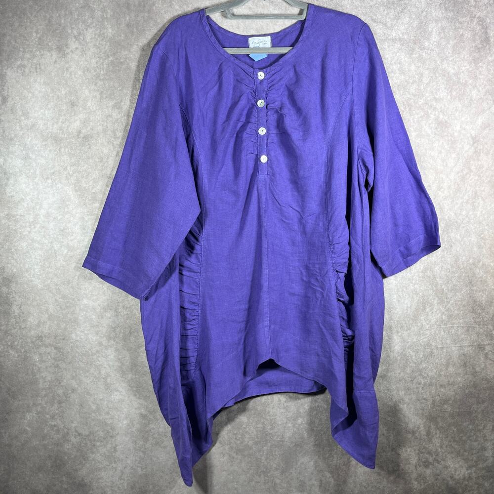 Mosaic Linen Tunic Top Large Purple Ruched Sharkbite Hem Long Sleeve Casual‎